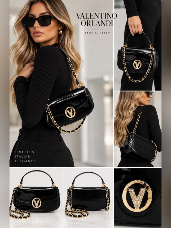 Valentino Orlandi Handbags - Valentino Orlandi Black Patent Leather Mini Shoulder Bag with Gold Chain